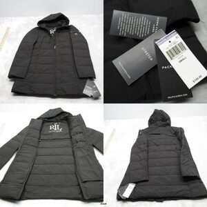 Lauren Ralph Lauren Down Jacket Women Small Black Hooded Stretch Puffer $190 NWD